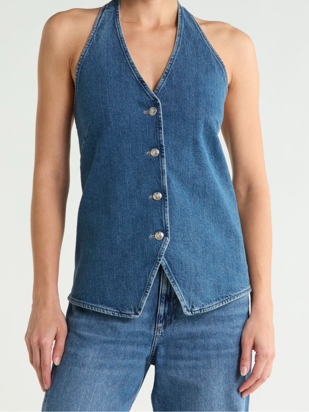 Rag and Bone Denim Halter Button-Front Jeans Top - Blue